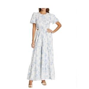Wayf Blue Floral Tiered Cut Out Sides Maxi Dress Puff Sleeve Large